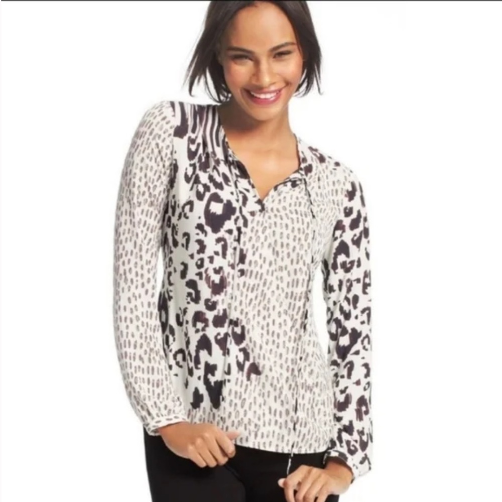 CABI Women's Brown Ivory Animal Print Faux Wrap Blouse